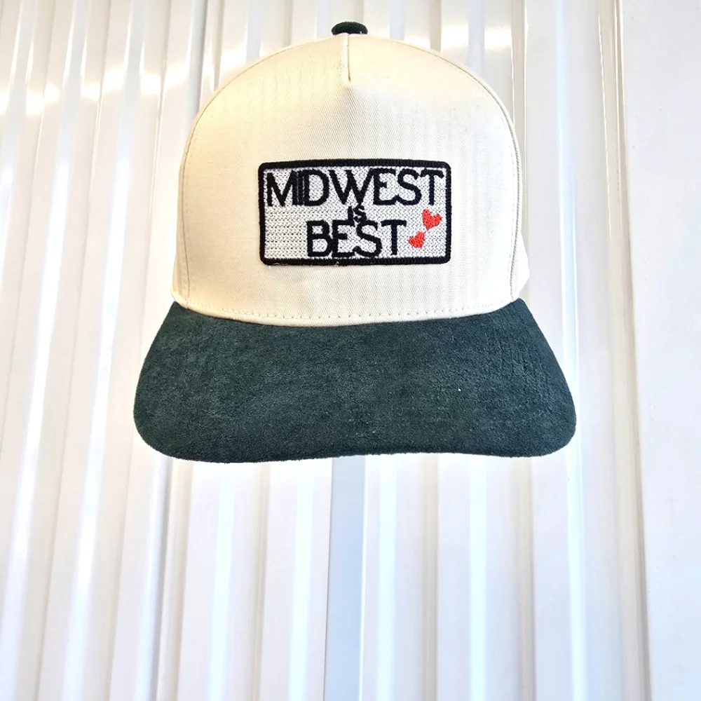 Midwest Is Best Hat Snapback Trucker Hat Uisex Ivory Hunter Gree Faux Suede NWOT
